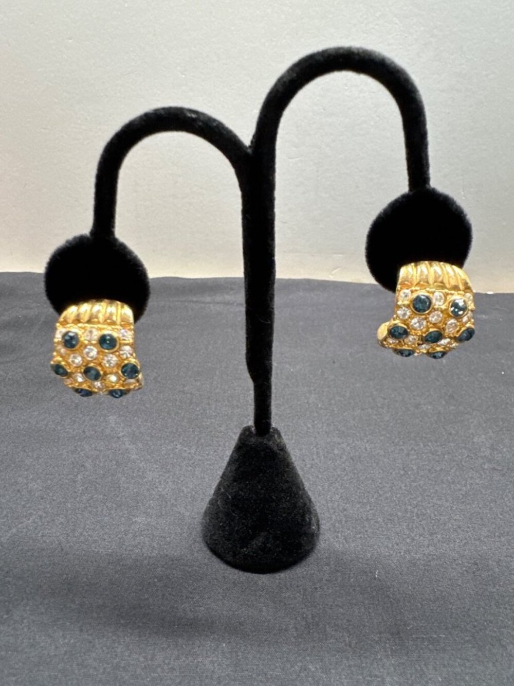 Vintage Ellen Kiam Gold-Tone Post Earrings With Blue & Clear Rhinestones